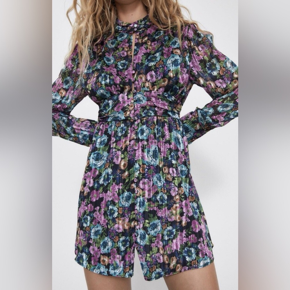 ZARA FLORAL METALLIC THREAD DRESS, SIZE S